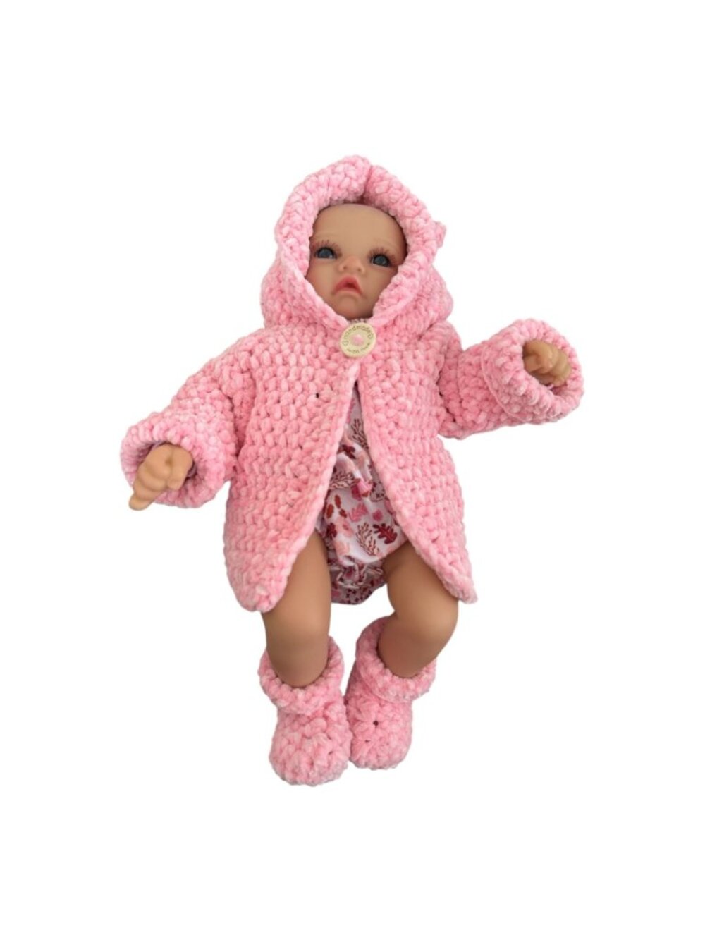 Handmade Pink Chenille Newborn Baby Hoodie & Booties Set Bear Ears Soft Plush - Picture 9 of 16